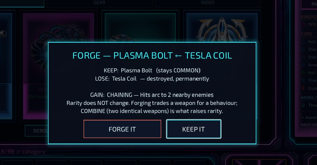 The forge confirmation: what you keep, what you lose, what you gain, and the reminder that rarity does not change.